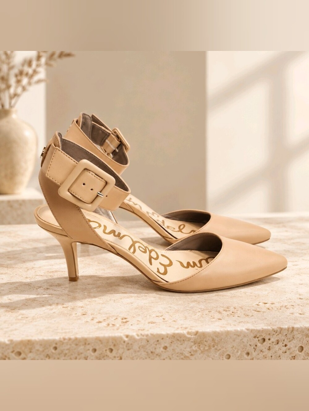 Sam Edelman Okala Nude Leather Pointed-Toe Ankle Strap Pumps - Size 7